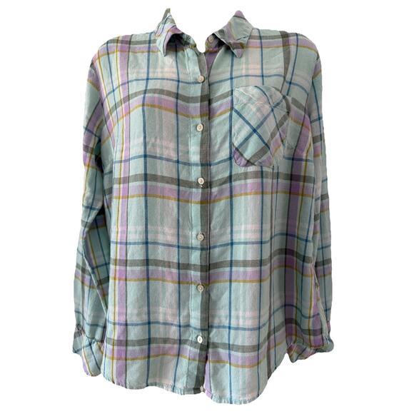Candace Cameron Bure Linen Blend Button Front Shirt Aqua Plaid XS Preppy Casual - Picture 1 of 7